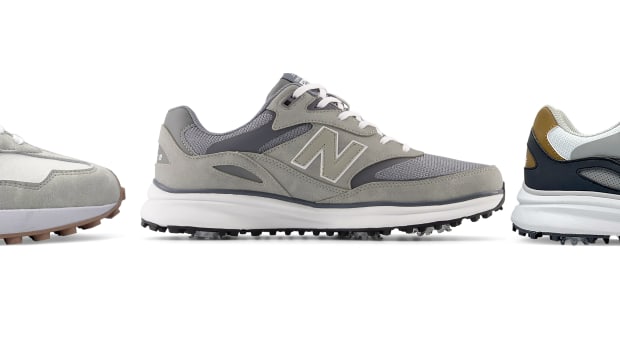 Side view of three multicolor New Balance golf shoes.
